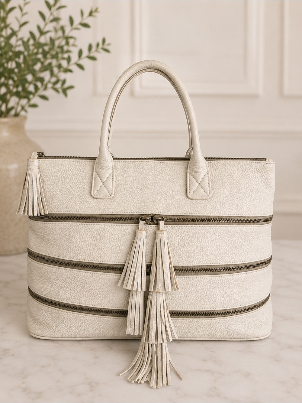 Pallie Bags Cream Pebbled Leather Multi Zip Tote Shoulder Bag Work Laptop - Picture 1 of 13